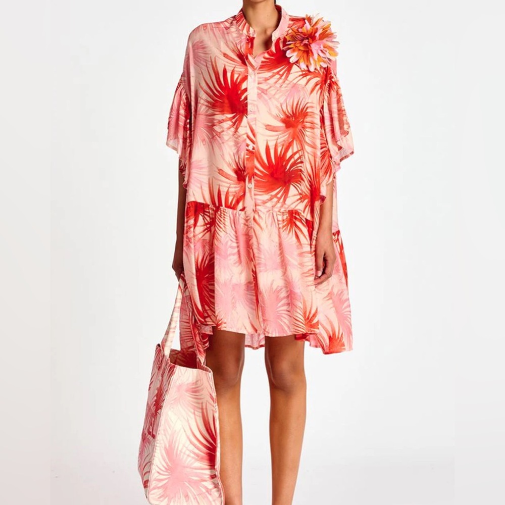 Tropical Print Pink Mini Shirt Dress